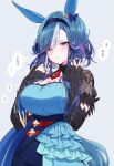  1girl absurdres admire_groove_(glacial_queen)_(umamusume) admire_groove_(umamusume) animal_ears black_hairband blue_bow blue_hair blue_shirt blue_shorts blue_tail blush bow breasts cleavage commentary_request detached_sleeves ear_bow ear_covers hairband highres horse_ears horse_girl horse_tail large_breasts looking_at_viewer mole mole_under_mouth multicolored_hair necktie puffy_short_sleeves puffy_sleeves purple_eyes red_necktie shirt short_hair short_hair_with_long_locks short_necktie short_sleeves shorts simple_background solo speech_bubble streaked_hair sweat tail tetora_(oudonoishiize) translation_request umamusume upper_body white_background white_streaks 