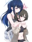  2girls bikini black_bikini black_camisole black_choker black_hair blue_archive blue_hair blue_halo breasts camisole choker closed_eyes closed_mouth commentary_request denim denim_shorts ear_ornament halo highres hug kenkou1banno1 long_hair midriff misaki_(blue_archive) misaki_(swimsuit)_(blue_archive) multiple_girls navel ponytail red_eyes red_halo saori_(blue_archive) saori_(swimsuit)_(blue_archive) shirt shorts simple_background small_breasts striped_clothes striped_shirt swimsuit upper_body white_background yuri 