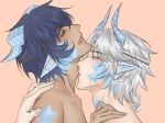  2boys amua690459 angert_(infinity_nikki) blue_eyes blue_hair blue_horns blue_scales braid brown_headband chinese_commentary circlet commentary_request dark-skinned_male dark_skin dragon_boy dragon_horns eyelashes fingernails from_side grey_hair hand_on_another's_back hand_on_another's_shoulder headband highres horns implied_sex infinity_nikki kiss kissing_neck long_hair male_focus meghill_(infinity_nikki) multiple_boys nikki_(series) open_mouth orange_background parksolian_(infinity_nikki) pointy_ears pointy_nose short_hair shoulder_blades simple_background single_braid topless_male upper_body yaoi 