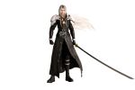  1boy 3d armor black_boots black_coat black_gloves black_pants boots chest_strap coat final_fantasy final_fantasy_vii final_fantasy_vii_remake final_fantasy_vii_revelation floating_hair full_body gloves grey_hair highres holding holding_sword holding_weapon long_coat long_hair looking_at_viewer male_focus masamune_(ff7) official_art pants parted_bangs pauldrons sephiroth shoulder_armor silver_bangle solo standing sword transparent_background weapon white_background 