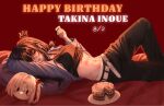  1girl abs belt black_pants black_shirt brown_hair cake character_doll clothes_lift commentary dated doll drawn_crown english_commentary food food_on_face happy_birthday highres implied_yuri inoue_takina jinjin_082 lipstick_mark lipstick_mark_on_stomach long_hair lycoris_recoil muscular muscular_female navel nishikigi_chisato pants purple_eyes red_background shirt shirt_lift simple_background solo tongue tongue_out white_belt white_shirt 