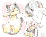  1boy animal_hands blush closed_eyes commentary_request crying fire highres hotathino open_mouth own_hands_clasped own_hands_together picking_up pokemon pokemon_(creature) quilava sleeping smile streaming_tears tears twitter_username white_background 