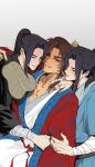  3boys absurdres all_wishes_come_true! arm_wrap black_hair black_hanfu black_sash blood blue_hanfu blue_trim blush boy_sandwich brown_eyes brown_hair chinese_clothes clone coat collarbone dual_persona facial_hair flame_print hair_bun hair_ornament half-closed_eyes half_updo hand_fan hand_in_another's_hair hand_on_another's_shoulder hand_on_another's_waist hanfu high_ponytail highres holding holding_another's_arm holding_fan hug jewelry jiaoooziii leaf_fan leaf_hair_ornament long_hair long_sleeves looking_at_another looking_at_viewer lv_dongbin_(all_wishes_come_true!) male_focus multiple_boys mustache_stubble necklace open_clothes open_coat parted_lips pectoral_cleavage pectorals ponytail print_robe red_coat red_sash robe sandwiched sash sidelocks simple_background single_hair_bun smile stubble tan white_background white_hanfu wide_sleeves yaoi zhongli_quan_(all_wishes_come_true!) 