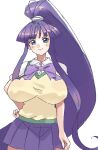  blunt_bangs blush bow breasts collared_shirt commentary_request eiken grey_eyes hair_tie hand_on_own_hip high_ponytail huge_breasts long_hair long_sidelocks misono_kirika ponytail purple_bow purple_hair purple_skirt rattorun school_uniform shirt sidelocks skirt smile sweater_vest very_long_hair white_background yellow_sweater_vest zashono_academy_school_uniform 