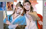  2boys all_wishes_come_true! arm_wrap art_program_in_frame black_hair blue_hanfu blue_trim brown_eyes brown_hair bruise bruise_on_face chenn_joe chinese_clothes closed_mouth coat collarbone commentary_request crossed_arms dirty dirty_face facial_hair flame_print folding_fan hair_bun hair_ornament half_updo hand_fan hanfu high_ponytail holding holding_fan holding_sword holding_weapon injury jewelry leaf_fan leaf_hair_ornament long_hair looking_at_viewer lv_dongbin_(all_wishes_come_true!) male_focus multiple_boys mustache mustache_stubble necklace official_art_inset open_clothes open_coat pectoral_cleavage pectorals ponytail print_robe red_coat reference_inset robe sheath sheathed single_hair_bun smile stubble sword sword_tassel tassel topknot upper_body weapon weapon_tassel white_hanfu wide_sleeves yaoi zhongli_quan_(all_wishes_come_true!) 