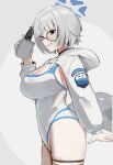  1girl black_eyes blue_archive blue_halo breasts cetacean_tail commentary_request fins fish_tail glasses grey_background grey_hair halo highres holding hooded_shrug kotone_(blue_archive) large_breasts long_sleeves looking_at_viewer multicolored_one-piece_swimsuit one-piece_swimsuit orca_girl round_eyewear short_hair shrug_(clothing) smile solo solokitsune swimsuit tail thighs two-tone_background wet wet_clothes wet_swimsuit white_one-piece_swimsuit white_shrug 