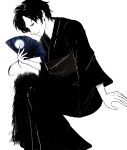  1boy alternate_costume black_hair bloodborne brown_eyes commentary_request dress greyscale hand_fan highres holding holding_fan japanese_clothes kimono looking_at_viewer male_focus micolash_host_of_the_nightmare monochrome shikimi_yusa short_hair simple_background sitting smile 