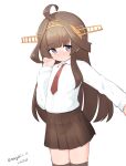  1girl absurdres aged_down ahoge brown_eyes brown_hair brown_skirt brown_thighhighs collared_shirt commentary_request cowboy_shot dated dress_shirt flat_chest headgear highres kantai_collection kongou_(kancolle) long_hair maru_(marg0613) necktie one-hour_drawing_challenge pleated_skirt red_necktie shirt simple_background skirt solo standing thighhighs twitter_username white_background white_shirt 