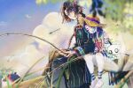  2boys absurdres androgynous bare_shoulders barefoot black_hair black_pants blue_eyes blue_hair blue_sky braid brown_hair bug chinese_clothes closed_eyes cloud colored_skin commentary_request con_(fate) dragonfly drooling eyeshadow fate/grand_order fate_(series) fishing fishing_rod green_hair hat highres holding holding_fishing_rod leaning_on_person leg_tattoo long_hair long_sleeves looking_at_another makeup male_focus mouth_drool multicolored_hair multiple_boys nao_oppaisukiii outdoors pants partial_commentary red_eyes red_eyeshadow sibuxiang_(fate) sitting sky sleeping sleeping_upright smile straw_hat taigong_wang_(fate) taisui_xingjun_(fate) tattoo tree white_skin 