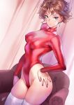  1girl armchair breasts brown_hair chair closed_mouth commentary_request contrapposto covered_navel covered_nipples cowboy_shot earrings freckles grey_eyes hand_on_own_hip highleg highleg_leotard highres indoors jewelry leotard long_sleeves looking_at_viewer matsuda_(matsukichi) medium_breasts nail_polish original purple_nails red_leotard short_hair signature skin_tight solo standing thighhighs turtleneck turtleneck_leotard white_thighhighs 