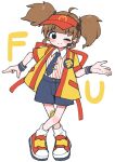  1girl ahoge badge blush brown_hair button_badge commentary employee_uniform fast_food_uniform fun_bo happi hat headset highres imadake_dabuchi_tabemi japanese_clothes looking_at_viewer mcdonald's necktie one_eye_closed open_happi red_hat shirt short_sleeves shorts simple_background smile solo striped_clothes striped_shirt tie_clip twintails velcro_footwear visor_cap white_background white_shirt wristband yellow_happi 
