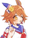  +_+ animal_ears blue_sailor_collar clothing_cutout commentary_request ear_covers highres horse_ears horse_girl index_finger_raised looking_at_viewer matikanefukukitaru_(rising_fortune)_(umamusume) matikanefukukitaru_(umamusume) momono4343 one_eye_closed sailor_collar shoulder_cutout simple_background single_ear_cover umamusume white_background yellow_eyes 