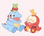  apple applin closed_eyes crocodilian food fruit fuecoco happy highres no_humans on_head open_mouth pokemon pokemon_(creature) pokemon_focus pokemon_on_head sharp_teeth simple_background sitting tail teeth totodile waltz_(wal_w_wal) wyrm 