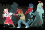  1boy 1girl 1other aged_down angel_wings animal_ears antlers armor blonde_hair blue_hair blue_pants braid brown_hair cape commentary deer_antlers deer_ears deer_girl deer_tail deltarune dress english_commentary fake_horns fake_wings furry furry_female green_shirt hairband highres hood hood_up hooded_robe hooves horn_hairband horns kris_(dark_world)_(deltarune) kris_(deltarune) layered_shirt layered_sleeves long_sleeves noelle_holiday noelle_holiday_(dark_world) pants ralsei red_cape red_dress red_horns robe shadow shirt short_hair short_over_long_sleeves short_sleeves tail twin_braids utdr_(toby_fox) white_robe wings zipsunz 