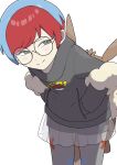 1girl absurdres backpack bag brown_bag closed_mouth commentary_request cowboy_shot eevee_backpack glasses grey_eyes hands_in_pockets highres hood hoodie leaning_forward light_blush looking_to_the_side magu_(tfxcoufgfhbmziy) multicolored_hair pantyhose penny_(pokemon) pleated_skirt pokemon pokemon_scarlet_and_violet print_hoodie round_eyewear see-through_clothes see-through_skirt short_hair shorts shorts_under_skirt simple_background skirt smile solo split_mouth two-tone_hair white_background 