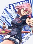  1girl absurdres aiming artist_name breasts bullet buttons clenched_teeth collared_shirt commentary double-breasted double-parted_bangs eiyuu_densetsu english_commentary floating_hair green_eyes hair_ornament hair_tie high_ponytail highres holding holding_weapon jacket juna_crawford looking_at_viewer medal medium_breasts miniskirt motion_blur neck_ribbon ninjadalua pink_hair pink_lips pleated_skirt ponytail projectile_trail red_ribbon ribbon school_uniform sen_no_kiseki_(series) sen_no_kiseki_iii shirt short_hair skirt solo teeth thors_military_academy_branch_campus_uniform tonfa tsurime twitter_username upper_body v-shaped_eyebrows weapon x_hair_ornament 
