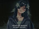  1girl alien_stage blush commentary crow_nii english_text fins flower genshin_impact hair_flower hair_ornament head_fins highres hood hoodie long_hair scene_reference smile solo subtitled tearing_up vodyanitsa_(genshin_impact) zombie_stage 