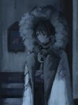  1boy black_hair black_shirt black_shorts blunt_ends closed_mouth coat fatui_coat fur_hood genshin_impact gold grey_hood highres hood hood_up hooded_coat indoors jewelry lapels lower_eyelashes_only male_focus mandarin_collar mitsudomoe_(shape) muted_colors neck_ring open_clothes open_coat portrait_(object) purple_eyes purple_sash sash scaramouche_(genshin_impact) scaramouche_(harbinger)_(genshin_impact) shirt shorts sketch solo tomoe_(symbol) tsurime unfinished upper_body white_coat wispy_bangs yoruli_e 