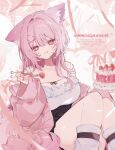  1girl :3 :q animal_ear_fluff animal_ear_piercing animal_ears blurry blurry_background breasts cake cardigan center-flap_bangs commentary_request commission cream cream_on_face food food_on_face fork fruit hair_intakes hair_ornament hand_up heart heart-shaped_pupils highres holding holding_fork indie_virtual_youtuber knees_up koyoi_yura large_breasts long_hair looking_at_viewer myoco open_cardigan open_clothes pink_cardigan pink_eyes pink_hair strawberry symbol-shaped_pupils thighs tongue tongue_out x_hair_ornament 
