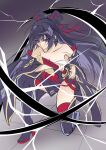  1girl boots bow breasts chest_sarashi chinese_commentary cleavage closed_mouth collarbone commentary_request fibonacci_no_usagi full_body hair_bow highres hokushin_mei honkai_(series) honkai_gakuen japanese_clothes katana kimono large_breasts long_hair looking_at_viewer on_one_knee purple_boots purple_bow purple_hair purple_kimono sarashi solo sword thigh_boots very_long_hair weapon 