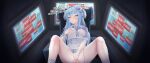  1girl absurdres benedia blue_eyes blue_hair blush bra breasts breasts_out chair commentary covered_navel dress fake_horns female_masturbation fingering goddess_of_victory:_nikke grabbing_own_breast hand_up headphones highres horned_headphones horned_headwear horns indoors knees_up long_hair looking_at_viewer m_legs masturbation medium_breasts microdress navel no_pants on_chair panties panties_around_one_leg pussy_juice sailor_collar sailor_dress shifty_(nikke) sitting skin_tight solo spread_legs tears translation_request trembling uncensored underwear white_bra white_panties white_sailor_collar 