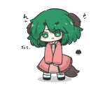  1girl :t animal_ears black_shoes blue_socks blush closed_mouth commentary_request dog_ears dog_girl dog_tail dress full_body green_eyes green_hair highres jacket kasodani_kyouko open_clothes open_jacket pink_dress pink_jacket pout sea_urchin shadow shoes simple_background socks solo standing tail touhou translated uni_souchou wavy_mouth white_background 