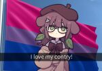  1girl beret bisexual_flag blush bow bowtie brown_hair brown_hat brown_sweater collared_shirt commentary english_commentary english_text engrish_text glasses green_eyes green_vest hair_ornament hat highres leaf_hair_ornament lgbt_pride long_hair long_sleeves original photo_background ranguage red_bow red_bowtie shirt sleeves_past_fingers sleeves_past_wrists solo sweater upper_body vest white_shirt yeolomang 