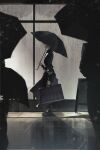  1girl absurdres black_boots black_coat black_umbrella boots coat commentary covered_eyes from_side full_body highres holding holding_suitcase holding_umbrella momako_(mako_momomomomo) people rain reverse:1999 solo_focus standing suitcase umbrella vertin_(reverse:1999) window 