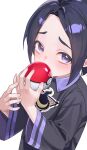  1boy allister_(pokemon) black_hair black_shirt collared_shirt commentary hands_up highres holding holding_poke_ball jinkai12345 long_sleeves male_focus poke_ball poke_ball_(basic) pokemon pokemon_sword_and_shield print_shirt purple_eyes raised_inner_eyebrows shirt short_hair simple_background solo upper_body white_background 