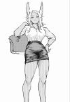  1girl 9_gopy alternate_costume alternate_hairstyle animal_ears bag bare_legs boku_no_hero_academia breasts closed_mouth collared_shirt greyscale hand_on_own_hip high-waist_skirt highres holding holding_bag large_breasts light_frown long_hair looking_at_viewer mirko monochrome office_lady rabbit_ears rabbit_girl raised_eyebrow shirt shirt_tucked_in sidelocks skirt sleeves_rolled_up solo standing taut_clothes taut_skirt thighs toned toned_female uneven_eyes watch wristwatch 