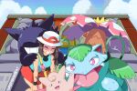  1girl brown_hair bucket_hat clefable closed_eyes cloud day gengar grin happy hat highres leaf_(pokemon) long_hair outdoors pleated_skirt pokemon pokemon_(creature) pokemon_firered_and_leafgreen red_skirt shirt sidelocks signature skirt sky sleeveless sleeveless_shirt smile supermondobeat teeth venusaur vs_seeker white_hat wristband 