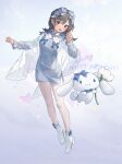  1girl 2024 :3 absurdres arnold-s bare_legs black_hair blue_bow blue_bowtie blue_dress blue_eyes blue_sky boots bow bowtie chinese_commentary cinnamoroll closed_mouth cloud collar collared_dress colored_eyelashes commentary_request day detached_collar dog dress english_text floral_print flower footwear_bow frilled_sleeves frills full_body fuwa_fuwa_cinnamoroll hair_bow hair_ornament happy happy_birthday heart heart_hair_ornament high_collar high_heel_boots high_heels highres holding holding_flower knees lace-trimmed_dress lace_trim light_blush long_hair long_sleeves open_mouth original oversized_plant pink_eyes pom_pom_(clothes) puffy_long_sleeves puffy_sleeves purple_collar revision sanrio see-through_clothes see-through_shawl shawl short_dress simple_background sky sleeve_bow smile solid_oval_eyes solo striped_bow striped_bowtie striped_clothes watermark weibo_watermark white_boots white_bow white_flower white_shawl 