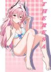  1girl absurdres alternate_costume arknights barefoot bikini black_horns blush breasts character_name chinese_commentary cleavage closed_mouth collarbone commentary_request crossed_bangs drop_shadow feet full_body grey_bikini hair_between_eyes hair_intakes hand_in_own_hair hands_up highres horns long_hair looking_at_viewer medium_breasts outline partial_commentary pink_background pink_eyes pink_hair plaid_background sajiao_dan_ciyuan smile solo swimsuit theresa_(arknights) toenails toes white_outline 