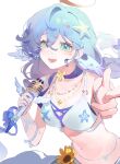  :d aqua_pupils bikini blue_bikini blue_hair blue_nails bracelet breasts choker face_jewel facial_mark finger_gun flower glasses233 gold_halo gold_necklace green_eyes hair_ornament halo head_wings heart heart_facial_mark highres holding holding_microphone honkai:_star_rail honkai_(series) jewel_under_eye jewelry long_hair low-tied_long_hair mark_under_eye microphone multicolored_bikini multicolored_eyes necklace official_alternate_costume open_mouth print_bikini purple_choker robin_(honkai:_star_rail) robin_(summeretto)_(honkai:_star_rail) sarong simple_background single_hair_intake smile solo star_(symbol) star_print star_print_bikini starfish_hair_ornament sunflower swimsuit two-tone_bikini two-tone_eyes upper_body white_background white_bikini white_sarong white_wings wings yellow_eyes yellow_nails 