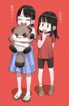  2girls :o aged_down ankle_socks arm_behind_back bandaid bandaid_on_knee bandaid_on_leg barefoot big_sister_(navigavi) black_hair black_shorts blue_dress blush borrowed_character brown_eyes brown_shoes child closed_eyes commentary douki-chan_(douki-chan) dress eyelashes finger_to_mouth flip-flops full_body ganbare_douki-chan gradient_eyes hand_up hands_up highres holding holding_stuffed_toy jun_(navigavi) long_hair long_skirt looking_at_another multicolored_eyes multiple_girls open_mouth original parted_bangs red_background red_shirt round_teeth sandals shadow shirt shoes short_hair short_sleeves shorts siblings sidelocks simple_background sisters skirt sleeveless sleeveless_dress smile socks standing stuffed_tanuki stuffed_toy t-shirt tatami teeth toenails toes translated upper_teeth_only v-shaped_eyebrows white_shirt white_socks 