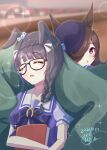  2girls absurdres animal_ears black_hair blue_flower blue_hat blue_rose blush book bow bowtie braid breasts brown_hair closed_eyes commentary_request crown_braid flipped_hair flower glasses hair_over_one_eye hat hat_flower highres holding holding_book horse_ears horse_girl long_hair mashiroken07 medium_breasts multiple_girls open_mouth puffy_short_sleeves puffy_sleeves purple_bow purple_bowtie purple_eyes purple_shirt rice_shower_(umamusume) rose sailor_collar sailor_shirt school_uniform shirt short_sleeves sleeping tilted_headwear tracen_school_uniform umamusume white_sailor_collar zenno_rob_roy_(umamusume) 