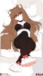  1girl absurdres animal_ears animal_hands animal_nose black_bra black_choker black_thighhighs body_fur bra breasts brown_fur brown_hair choker cleavage closed_mouth commentary crossed_legs english_commentary fang furrification furry furry_female highres holo likunea long_hair looking_at_viewer medium_breasts patreon_logo patreon_username smile snout solo spice_and_wolf tail thighhighs twitter_username twitter_x_logo two-tone_fur underwear white_fur wolf_ears wolf_girl wolf_tail zoom_layer 