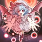  1girl :d absurdres bat_wings blue_hair bow brooch cococo_art collared_shirt commentary_request fingernails flying frilled_shirt_collar frills full_moon hair_between_eyes hat hat_ribbon highres jewelry long_fingernails looking_at_viewer mary_janes mob_cap moon open_mouth outstretched_arms pink_hat pink_shirt pink_skirt pointy_ears puffy_short_sleeves puffy_sleeves red_bow red_eyes red_moon red_nails red_ribbon red_shoes red_sky remilia_scarlet ribbon sharp_fingernails shirt shoes short_hair short_sleeves skirt skirt_set sky smile solo touhou wings 