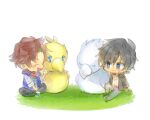  2boys absurdres ambrosia_(ff16) bartz_klauser bartz_klauser_(spirited_traveler) beak black_hair blue_eyes boco brown_hair chibi chocobo clive_rosfield clive_rosfield_(hellfire_jacket) commentary dissidia_duellum_final_fantasy dissidia_final_fantasy feathers final_fantasy final_fantasy_v final_fantasy_xvi grass highres in-franchise_crossover jacket male_focus multiple_boys official_alternate_costume red_scarf scarf shiroro0228 sitting smile untranslatable_commentary v-neck white_feathers 