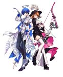 1boy 1girl absurdres archery_shooting_glove arknights arrow_(projectile) ascot back-to-back belt black_boots black_dress black_hat black_pants black_shoes black_skirt blue_gloves blue_hair boots bow_(weapon) brown_eyes brown_hair cavalier_hat closed_mouth dress earrings english_commentary fake_halo fingerless_gloves flipped_hair full_body gloves grey_eyes halo hat hat_feather high_heel_boots high_heels highres holding holding_arrow holding_bow_(weapon) holding_sheath holding_sword holding_weapon jacket jewelry looking_at_viewer miniskirt official_alternate_costume pants partially_fingerless_gloves persona persona_3 persona_3_reload sheath shoes short_hair showgirl_skirt skirt sword takeba_yukari takeba_yukari_(in_vigil_of_dawn_and_dusk) thighhighs thighs tonyrg33 unsheathing weapon white_ascot white_background white_gloves white_jacket white_thighhighs yuuki_makoto_(in_witness_of_glory)_(persona_3) yuuki_makoto_(persona_3) zettai_ryouiki 
