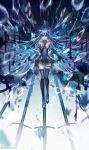  1girl 4ikur0 absurdres animal_ears arcaea artist_name black_dress black_gloves black_hair black_thighhighs blue_bow blue_butterfly blue_eyes bow broken_glass bug butterfly cat_ears closed_mouth commentary_request crystal_wings detached_collar double_bun dress fake_animal_ears finger_to_mouth frilled_skirt frills garter_straps glass glass_shards gloves hair_bow hair_bun highres long_hair long_sleeves looking_at_viewer off-shoulder_dress off_shoulder shushing signature skirt smile solo straight-on tairitsu_(arcaea) tairitsu_(tempest)_(arcaea) thighhighs twitter_username wings 