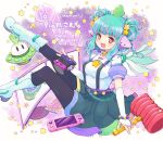  1girl aqua_hair boots bridal_gauntlets commentary computer_keyboard controller double_bun english_commentary fang game_controller green_skirt hair_bun hammer highres indie_virtual_youtuber looking_at_viewer monitor multicolored_hair nintendo_switch open_mouth pantyhose piapi_ufo piapi_ufo_(pia_1.0) pink_streaks purple_eyes rabio_(labi555) shirt sitting skirt slime_hair solo star-shaped_pupils star_(symbol) streaked_hair suspender_skirt suspenders symbol-shaped_pupils ufo virtual_youtuber white_boots white_bridal_gauntlets white_shirt wings 