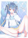  1girl absurdres ahoge argyle_background artist_name bare_legs bare_shoulders barefoot bed_sheet blonde_streaks blue_background blue_bow blue_bowtie blue_hair blue_horns blue_shirt blue_skirt blush border bottle bow bowtie brown_pupils cetacean_tail chinese_commentary cleft_of_venus commentary_request commission cone_horns corked_bottle cross-laced_clothes cross-laced_sleeves cross-laced_slit cross-laced_top curled_fingers dorsiflexion dot_nose fins fish_tail flat_chest frilled_shirt frills full_body hair_bow hair_ornament hand_to_own_mouth hand_up highres horns jewelry knee_up layered_shirt layered_skirt long_hair long_sleeves looking_at_viewer making-of_available microskirt multicolored_eyes multicolored_hair narwhal_girl necklace off-shoulder_shirt off_shoulder ohako_miyu original outside_border panties pantyshot parted_lips peanut_mouth petticoat pussy raised_inner_eyebrows red_eyes ribbon shell shell_necklace shirt signature single_horn sitting skirt soles solo sparkle sparkling_eyes spread_legs star_(symbol) star_hair_ornament star_necklace streaked_hair tail tail_ornament tail_ribbon teardrop_necklace toenails two-tone_eyes two-tone_hair two-tone_skirt two_side_up uncensored underwear variant_set very_long_hair whale_hair_ornament white_border white_shirt yellow_eyes yellow_skirt 