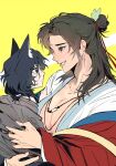  1boy 1girl age_difference aged_down all_wishes_come_true! animal_ears bindi black_hair blue_trim breasts brown_eyes brown_hair carrying carrying_person cat_boy cat_ears cat_tail child chinese_clothes chinese_commentary cleavage clothes_grab coat collarbone commentary_request dirty dirty_face facial_mark forehead_mark genderswap genderswap_(mtf) grey_robe hair_bun hair_ornament hair_ribbon half_updo hanfu hetero highres hug jewelry jiaoooziii kemonomimi_mode large_breasts leaf_hair_ornament lips long_hair long_sleeves looking_at_another lv_dongbin_(all_wishes_come_true!) necklace off_shoulder onee-shota open_clothes open_coat parted_lips profile red_coat red_ribbon ribbon robe shawl simple_background single_hair_bun smile tail upper_body white_hanfu wide_sleeves yellow_background yellow_shawl zhongli_quan_(all_wishes_come_true!) 