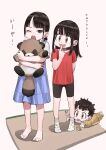  3girls :d :o ;o aged_down ankle_socks arm_behind_back baby bandaid bandaid_on_knee bandaid_on_leg barefoot big_sister_(navigavi) black_hair black_shorts blue_dress blush borrowed_character bright_pupils brown_eyes candy_print child commentary douki-chan_(douki-chan) dress eyelashes finger_to_mouth food_print full_body ganbare_douki-chan gradient_eyes hand_up hands_up highres holding holding_stuffed_toy jun_(navigavi) little_sister_(navigavi) long_hair long_skirt long_sleeves looking_at_another lying multicolored_eyes multiple_girls no_shoes on_stomach one_eye_closed open_mouth original pacifier pants parted_bangs red_shirt round_teeth shadow shirt short_hair short_sleeves shorts siblings sidelocks simple_background sisters skirt sleeveless sleeveless_dress smile sock_pull socks sound_effects standing stuffed_tanuki stuffed_toy t-shirt tatami teeth toenails toes translated upper_teeth_only very_short_hair white_background white_pupils white_shirt white_socks yellow_pants yellow_shirt 