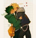  2boys absurdres arm_around_another's_waist arm_up bag bakugou_katsuki black_pants blonde_hair boku_no_hero_academia closed_eyes commentary english_commentary from_side green_hair green_hoodie grid_background grin hand_on_another's_arm heart highres hood hood_down hoodie kiruamustdraw kiss layered_clothes long_sleeves male_focus midoriya_izuku multiple_boys pants scar scar_on_cheek scar_on_face short_hair smile sound_effects spiked_hair star_(symbol) very_short_hair wallet_chain yaoi yellow_bag 