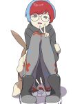  1girl :d absurdres boots commentary_request eevee_backpack glasses grey_eyes grey_pantyhose hand_up highres holding holding_poke_ball hood hoodie light_blush long_sleeves magu_(tfxcoufgfhbmziy) multicolored_hair open_mouth pantyhose penny_(pokemon) pleated_skirt poke_ball poke_ball_(basic) pokemon pokemon_scarlet_and_violet round_eyewear short_hair sitting skirt smile solo two-tone_hair v white_background 