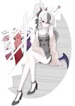  1girl absurdres aru_(blue_archive) aru_(dress)_(blue_archive) bare_legs black_dress black_hair black_horns black_wings blue_archive breasts cardigan closed_mouth collarbone commentary_request dress evening_gown full_body fur_shawl gradient_hair grey_cardigan grey_halo hair_ornament hairclip halo haruka_(blue_archive) haruka_(dress)_(blue_archive) heart high_heels highres horns kayoko_(blue_archive) kayoko_(dress)_(blue_archive) long_hair looking_at_viewer multicolored_hair mutsuki_(blue_archive) mutsuki_(dress)_(blue_archive) no_ko off_shoulder partial_commentary purple_hair purple_halo red_eyes red_hair red_halo shawl simple_background single_wing small_breasts solo two-tone_hair white_background white_hair wings 