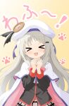  >_< 1girl :3 :d bat_hair_ornament beret black_jacket black_ribbon blush bow bowtie cape clenched_hands closed_eyes commentary cowboy_shot facing_viewer floating_hair grey_hair grey_skirt hair_ornament hands_up happy hat hat_ribbon highres jacket little_busters! little_busters!_school_uniform long_hair nana5863390 noumi_kudryavka open_mouth parted_bangs paw_print paw_print_background pink_bow pink_bowtie plaid_clothes plaid_skirt ribbon school_uniform sidelighting sidelocks simple_background skirt smile solo translated twitter_username very_long_hair white_cape white_hat xd yellow_background 