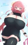  1girl bare_shoulders black_thighhighs blush breasts cleavage cleavage_cutout clothing_cutout commentary_request covered_mouth cowboy_shot day dress highres horns huge_breasts ilulu_(maidragon) kobayashi-san_chi_no_maidragon looking_at_viewer outdoors pink_eyes pink_hair plaid_clothes plaid_scarf pointy_ears red_scarf reiwa_rerere scarf short_dress sky sleeveless sleeveless_dress snowing solo thighhighs winter_clothes zettai_ryouiki 